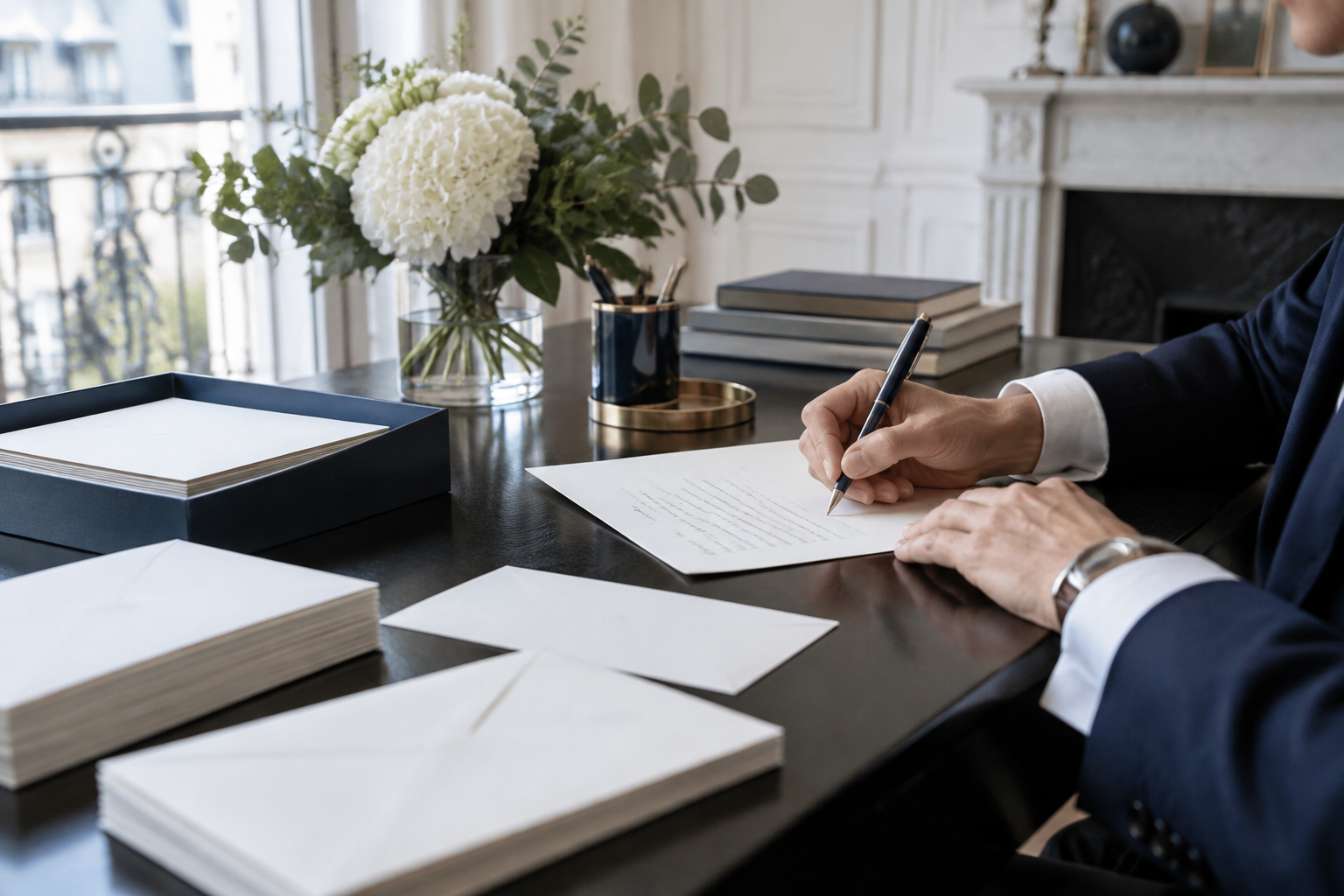 Mains préparant des courriers personnalisés et des enveloppes sur un bureau aux tons bleu marine et cyan.