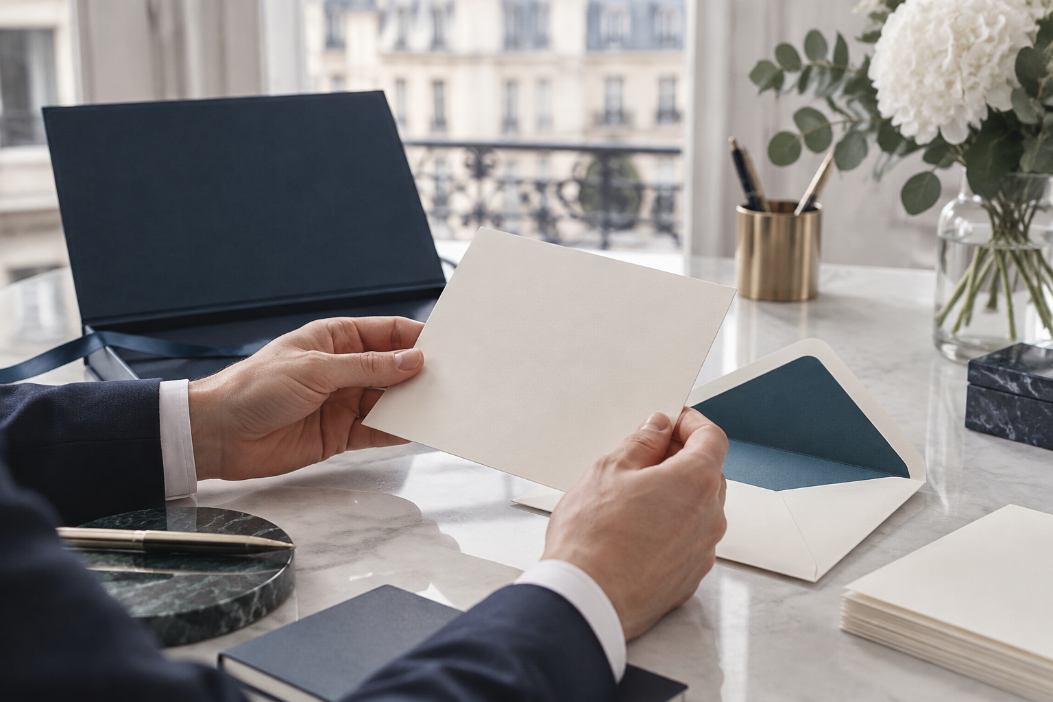 Mains préparant une invitation à un salon professionnel, avec enveloppes et pochette bleu marine sur un bureau lumineux.