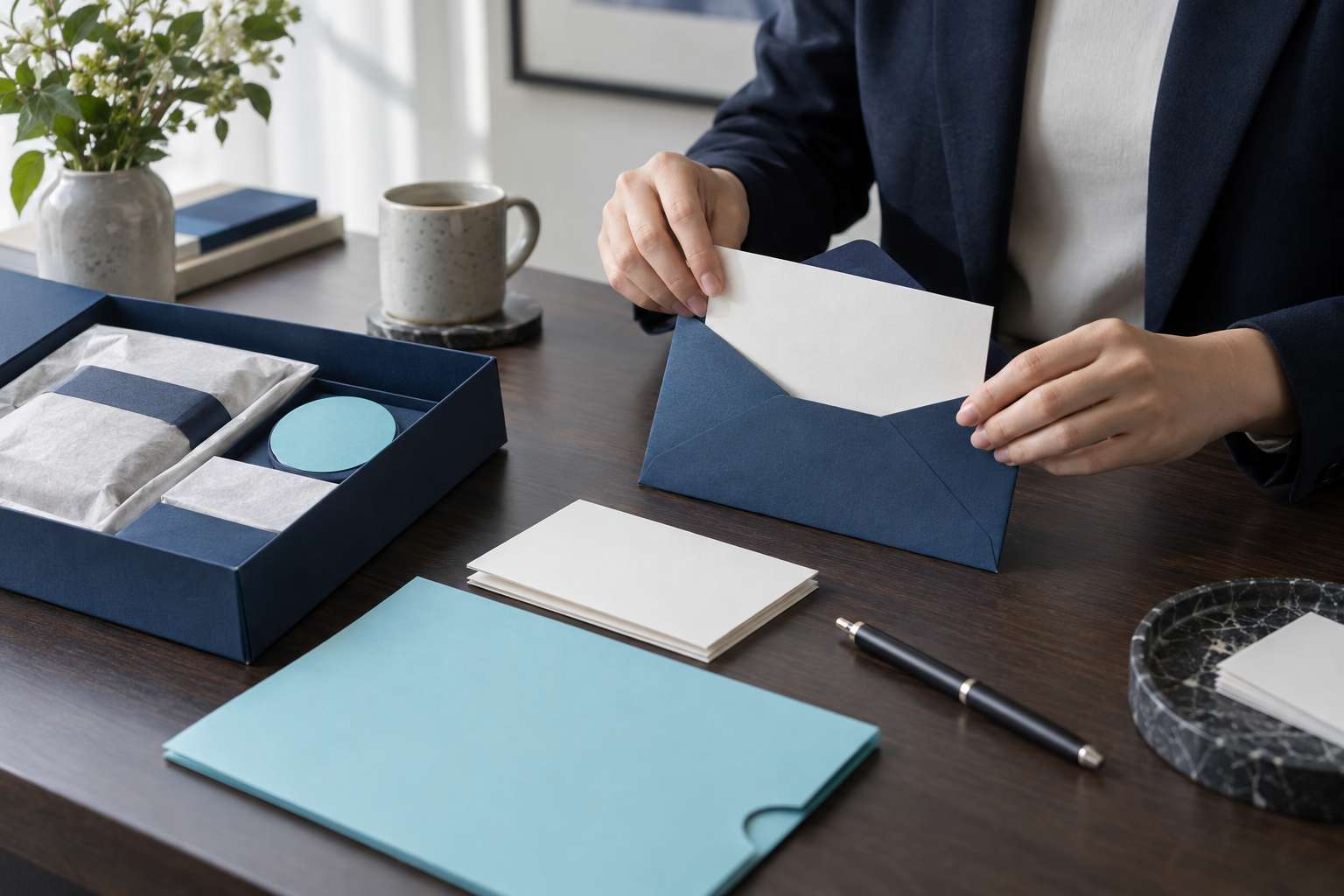 Mains préparant un kit de bienvenue client avec une lettre et une enveloppe sur un bureau aux tons bleu marine et cyan.
