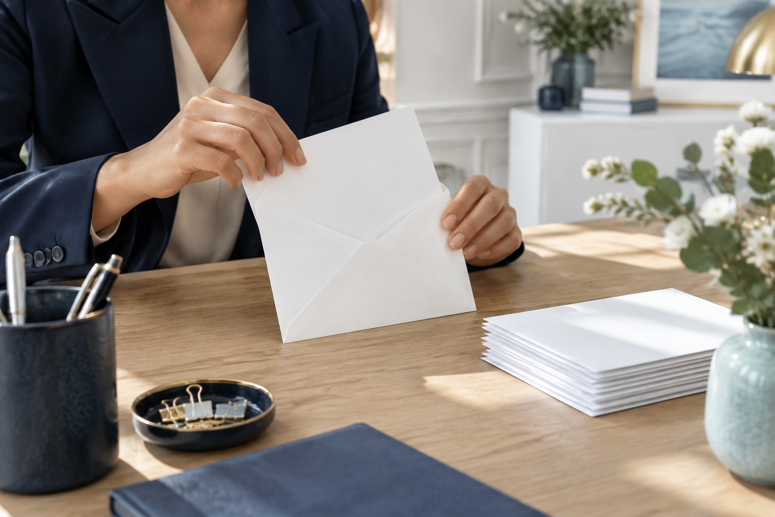 Mains préparant une lettre et une enveloppe sur un bureau élégant aux accents bleu marine et cyan.