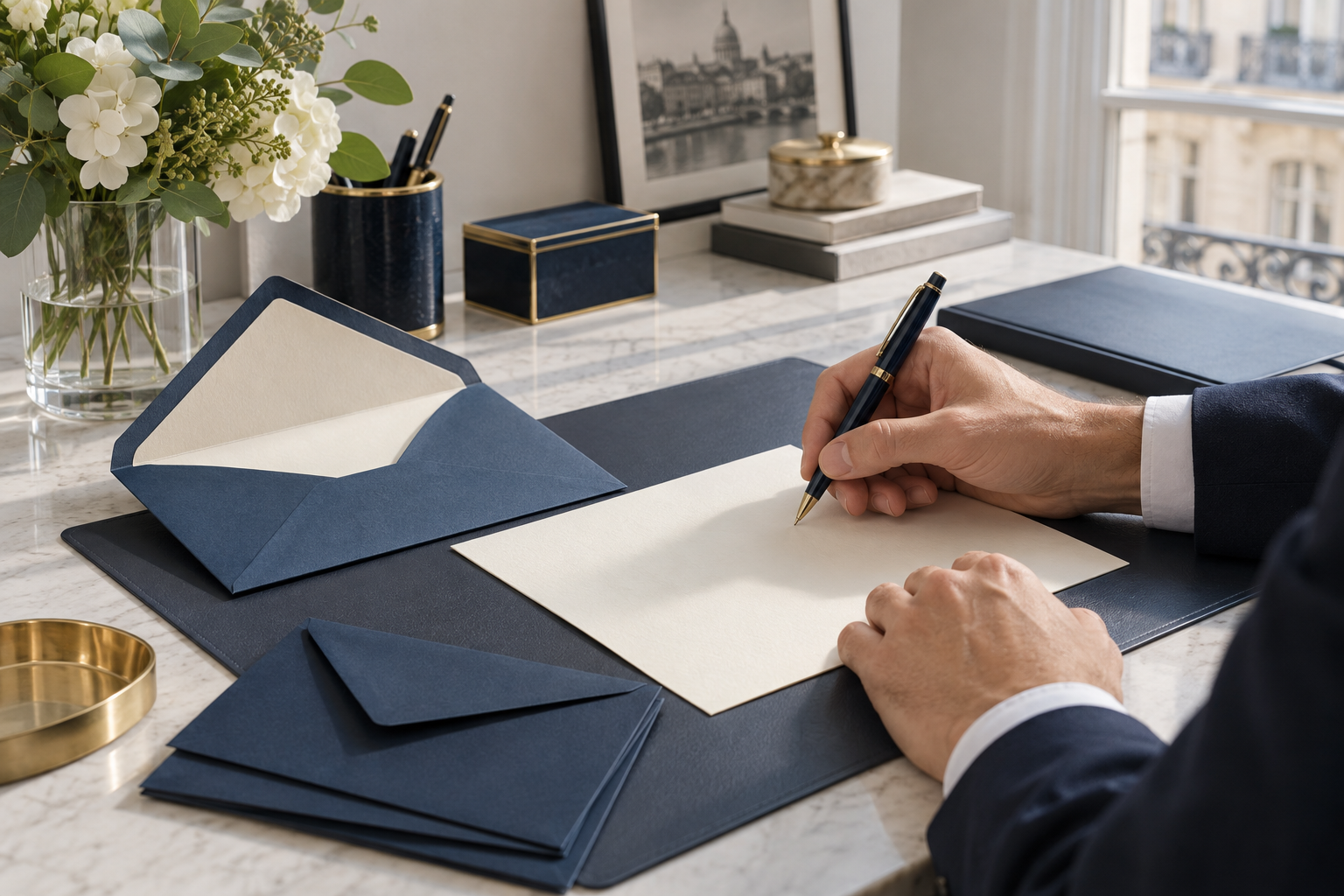 Mains préparant une lettre personnalisée et une enveloppe sur un bureau aux accents bleu marine et cyan.