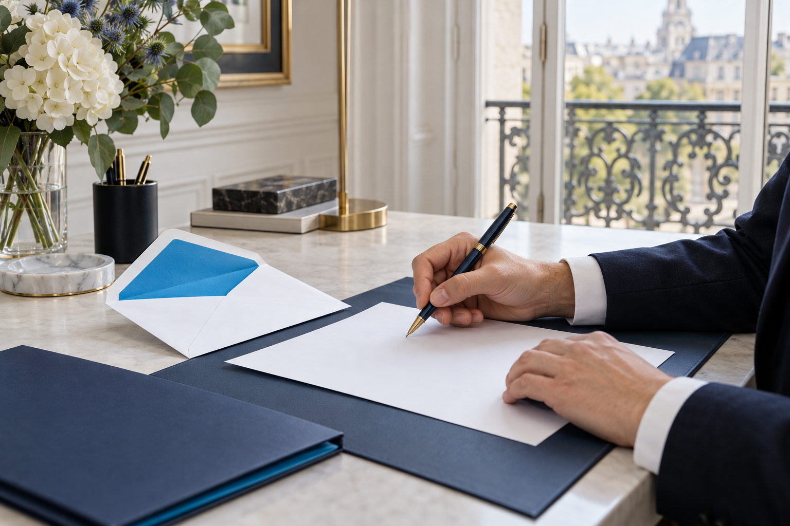 Mains préparant une lettre de suivi commercial et une enveloppe sur un bureau aux accents bleu marine et cyan.