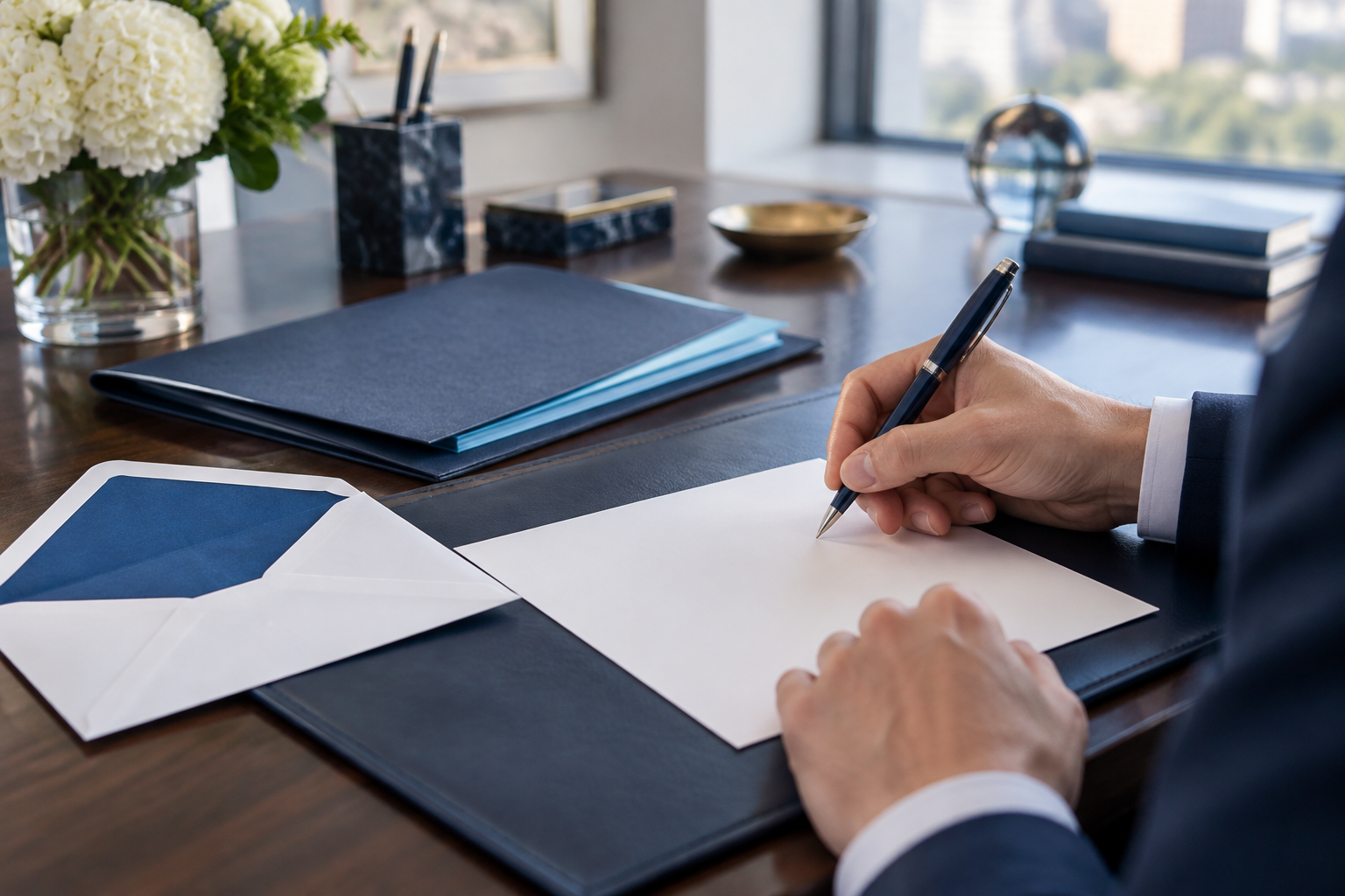 Mains préparant une lettre de relance de devis et une enveloppe sur un bureau aux accents bleu marine et cyan.