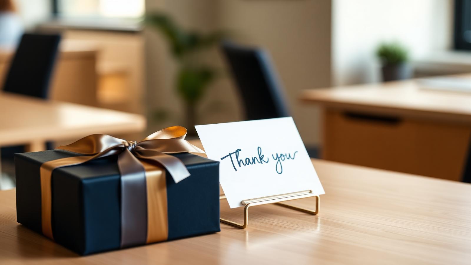Coffret cadeau élégant à côté d'une carte manuscrite sur un bureau