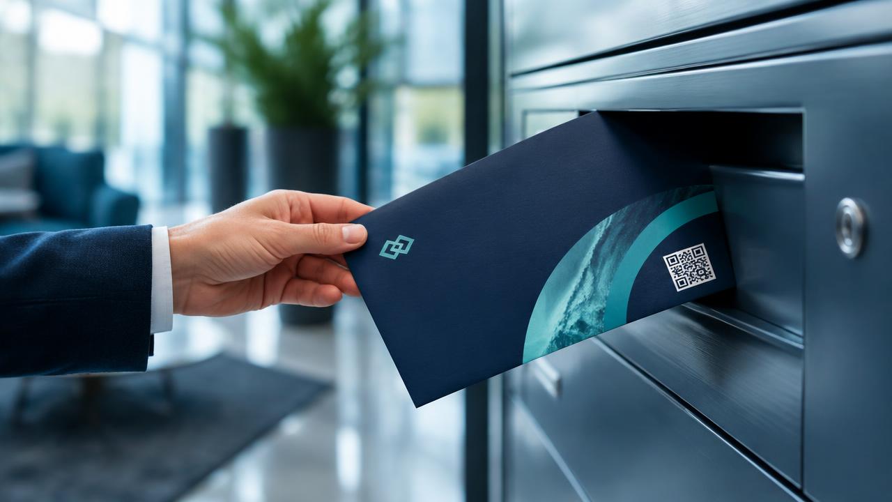 Main déposant un courrier publicitaire adressé bleu marine avec QR code dans une boîte aux lettres
