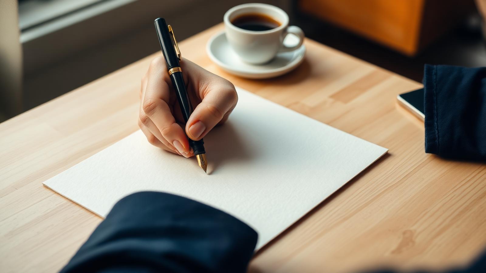 Main écrivant à l'encre sur du papier premium avec un stylo plume