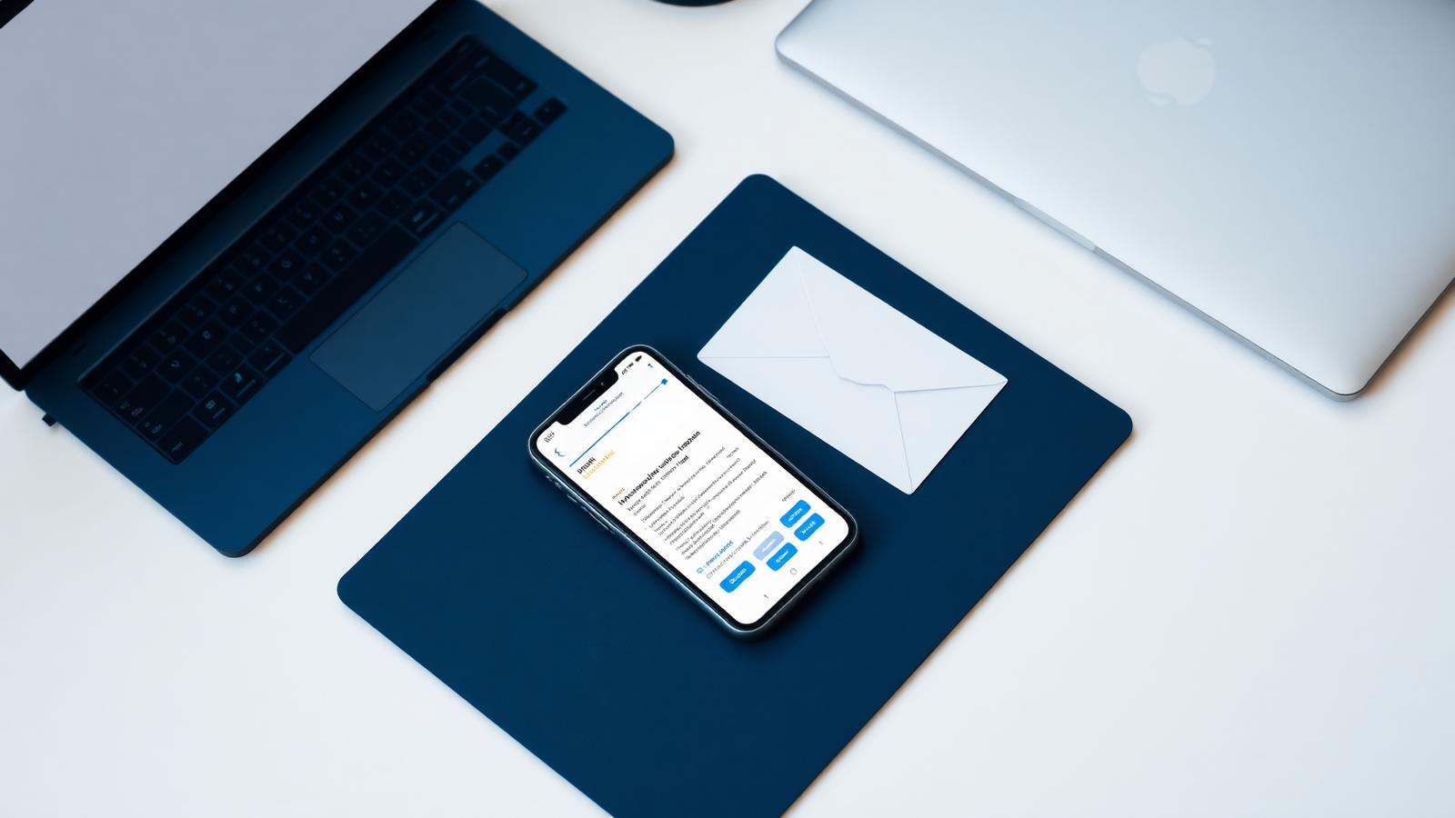 Bureau moderne combinant smartphone, ordinateur et enveloppe de courrier