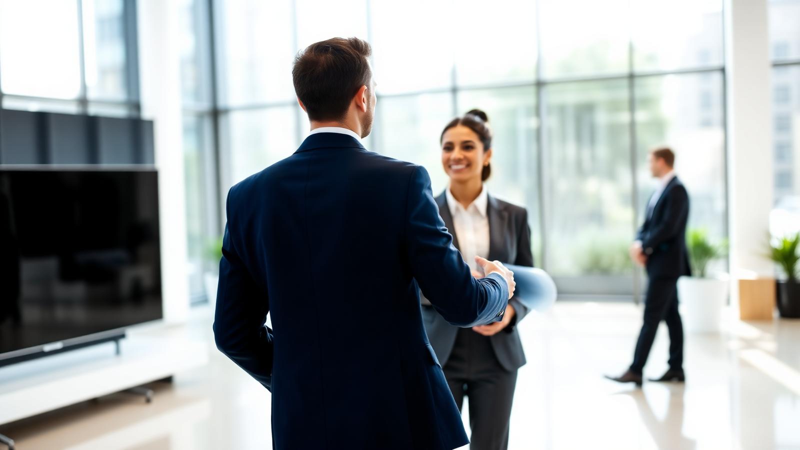 Deux professionnels échangeant une poignée de main dans un bureau moderne