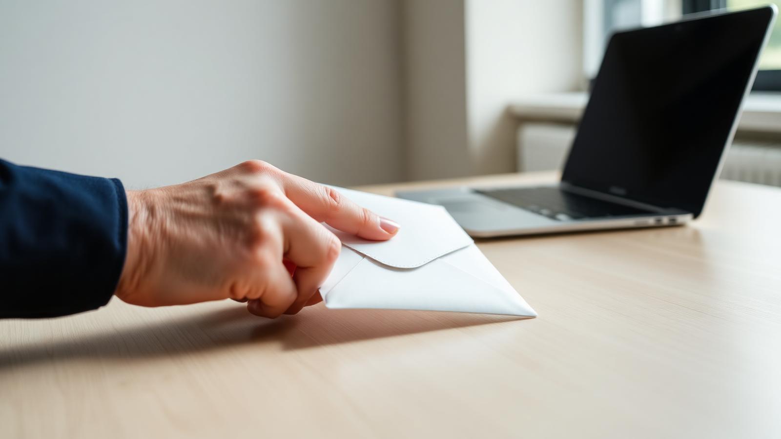 Main déposant une enveloppe premium sur un bureau moderne