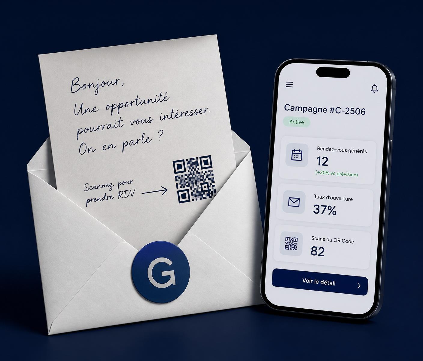 Campagne Gainly — enveloppe, lettre manuscrite avec QR code et tableau de bord mobile